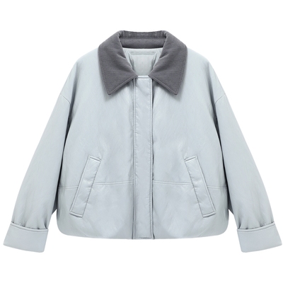 Basic House/百家好亮面皮质羽绒服女冬季新款翻领撞色鹅绒短外套