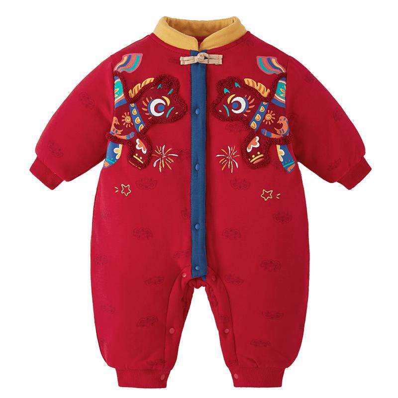 [抗菌]婴儿冬装连体衣新生儿红色A类加绒宝宝哈衣周岁满月拜年服