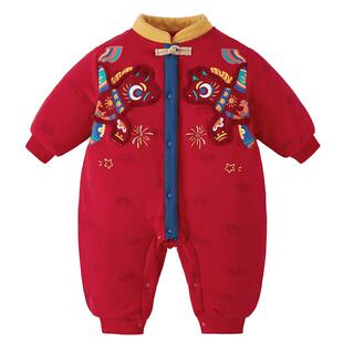 [抗菌]婴儿冬装连体衣新生儿红色A类加绒宝宝哈衣周岁满月拜年服