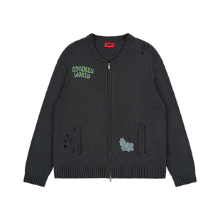 GOODBAI GOODEES破洞印花圆领毛衣开衫