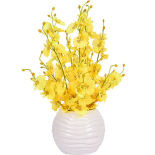 黄色跳舞兰仿真桃花客厅结婚订婚摆件乔迁小盆栽绢布装饰花艺摆设