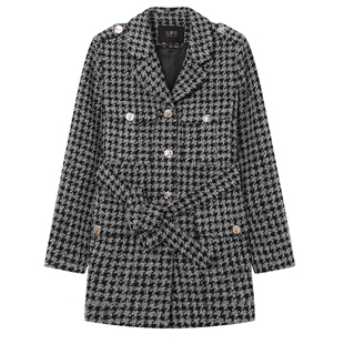 白鹿语复古千鸟格外套2024冬优雅气质翻领可拆卸腰带厚款女式上衣