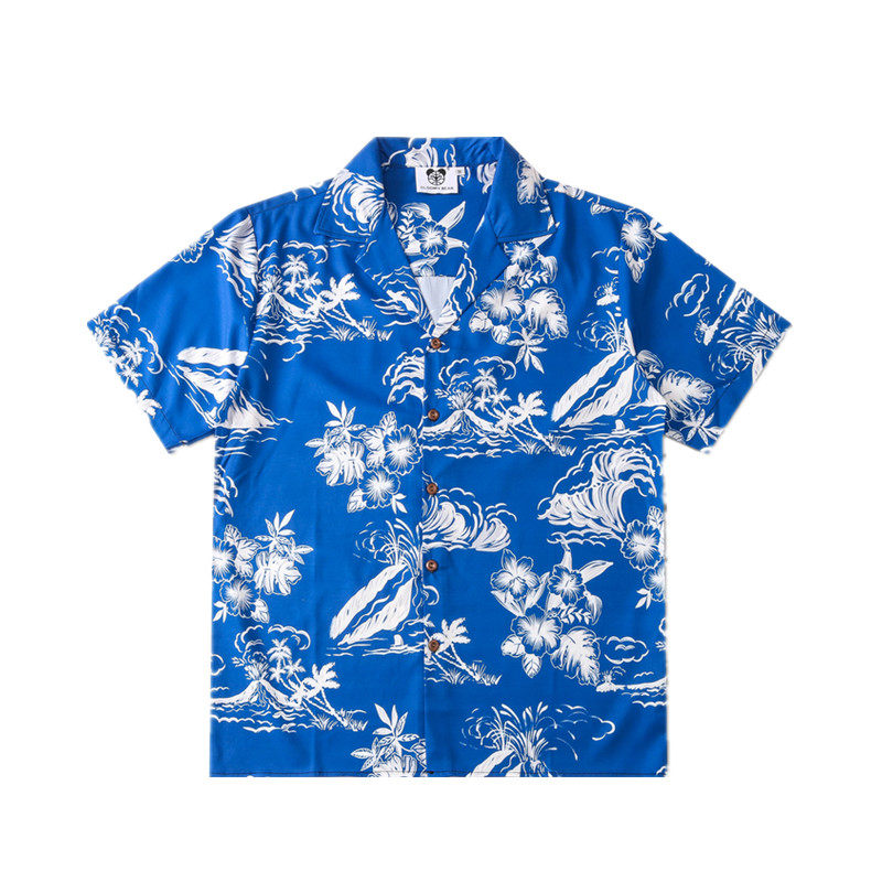 夏日冲浪店王一博同款衣服蓝色花纹印花衬衫港风休闲衬衣短袖男女