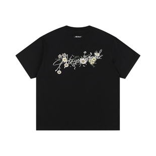 ATRY花卉刺绣T恤男女夏季美式休闲宽松情侣装国潮牌cleanfit短袖