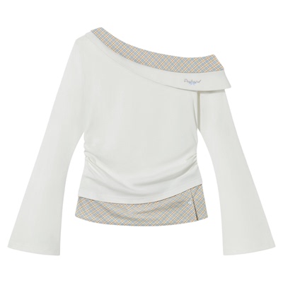 PSO Brand女装假两节拼接蝴蝶结刺绣黑色斜肩上衣修身显瘦长袖T恤