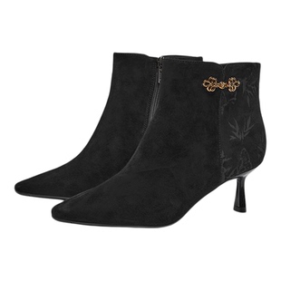 星期六尖头低跟短靴短筒单靴细跟黑色法式通勤瘦瘦靴女SSC4116369