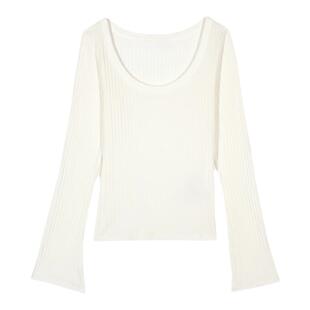 bash春季通勤U领法式上衣女款修身内搭米白色打底衫T恤1E24TIAN