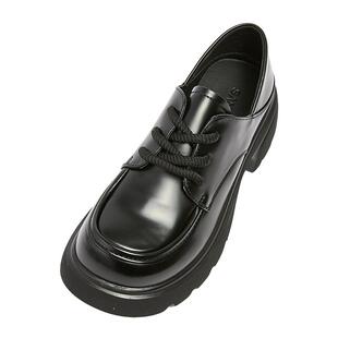 三福休闲鞋女春季学院老钱风系带小皮鞋圆头厚底女鞋834294