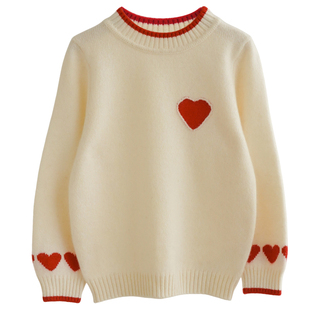 洪叶云台100%纯山羊绒毛衣女童白色保暖打底衫大中小童爱心上衣新