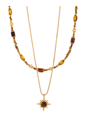 双层叠戴金色虎眼石吊坠项链轻奢