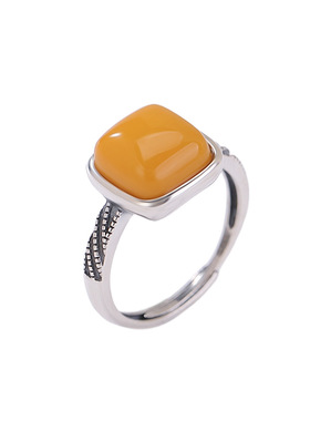 山予棠蜜蜡S925纯银方形扭纹点状复古做旧几何简约银戒指爆款