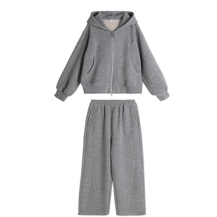 布丁哈鲁童装冬装女童2026秋冬季新款百搭儿童纯色连帽外套套装