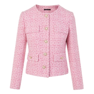 LIME莱茵年早春新款粗花呢短截上衣亮粉色圆领直筒型小香风外套