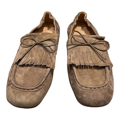 复古反绒真皮流苏一脚蹬乐福女鞋