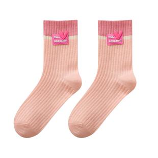 配鲨鱼裤的袜子女春秋多巴胺粉色夏季中筒袜拼色元气少女甜美长袜