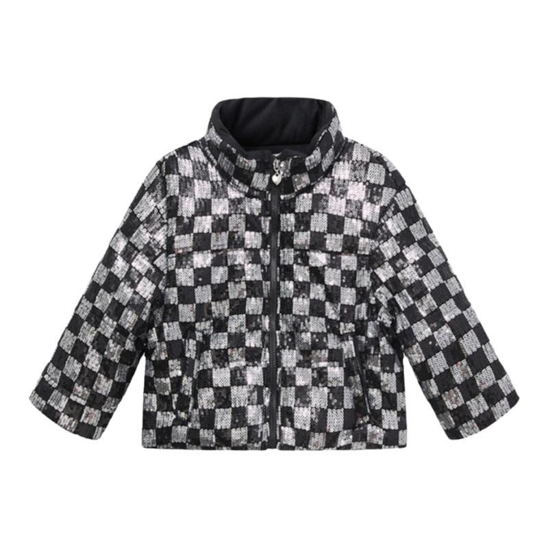moomoo童装女童外套秋冬亮片棋盘格时尚保暖棉服儿童面包服