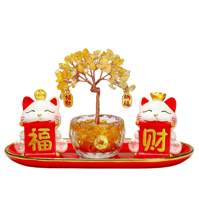福旺招财猫水晶发财树摆件套装