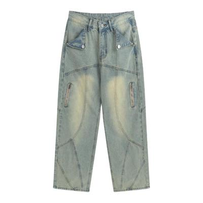 美式复古街头解构设计感牛仔裤男黄泥染做旧复古直筒宽松阔腿长裤