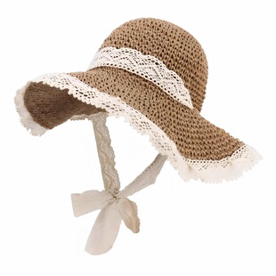 草帽海边防晒ins系带蕾丝出游花边草编太阳帽沙滩遮阳帽帽子女童