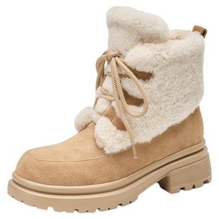 星期六2025冬季新款翻毛皮系带短靴女厚底加绒保暖户外雪地靴女