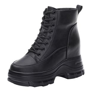 爆款米白色9cm小个子内增高马丁靴女英伦风真皮短靴厚底高跟靴子