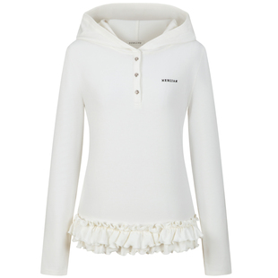 Herlian2025冬季新品 下摆荷叶边连帽Polo打底衫女士