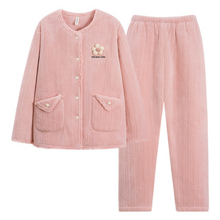 芬腾可安冬季女士双面珊瑚绒睡衣复合绒加绒加厚女薄款夹棉家居服