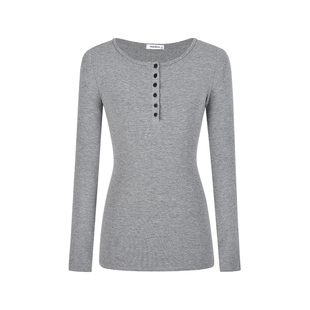 MosesQueen魔西女王灰色半开领打底衫女内搭收腰显瘦长袖t恤上衣
