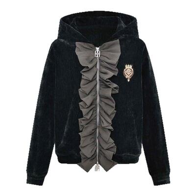 BIRTH OF ROYAL CHILD.BORC 荷叶边丝绒拉链帽衫男宫廷风拼接外套