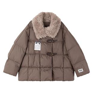 KEIKO 酷感皮扣饰毛绒翻领棉服外套女冬季绗缝一体加厚面包服棉袄