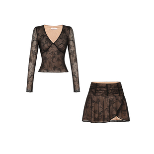 XULU原创春夏黑色蕾丝裸色内衬V领上衣不对称开叉短裙两件套装