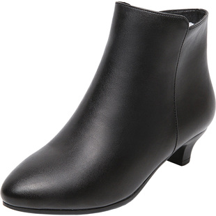 冬工装靴尖头黑色短靴女工作鞋加绒保暖短筒靴子中跟皮靴职业皮鞋