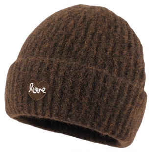 帽子女款棕色羊毛针织帽子包头帽秋冬防寒保暖护耳冷帽毛绒毛线帽