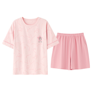 俞兆林睡衣女夏季短袖短裤纯棉圆领薄款甜美粉色家居服套装可外穿