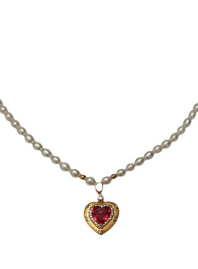 珍珠毛衣链长款天然淡水设计感小众轻奢法式复古中红宝石爱心项链