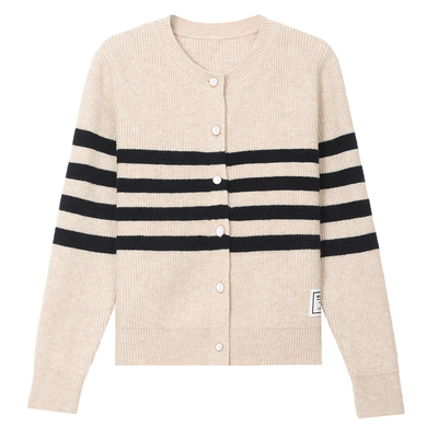 恒源祥羊毛撞色条纹开衫女短款