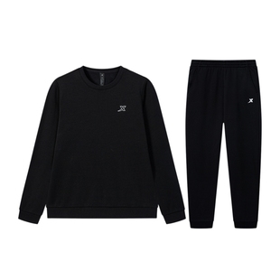 特步女子运动套装加绒保暖套头卫衣冬季黑色裤子显瘦休闲上衣正品