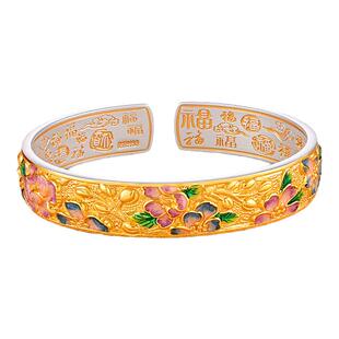 银千造 海棠花开 描金珐琅彩足银9999百福银手镯国风开口新款银镯