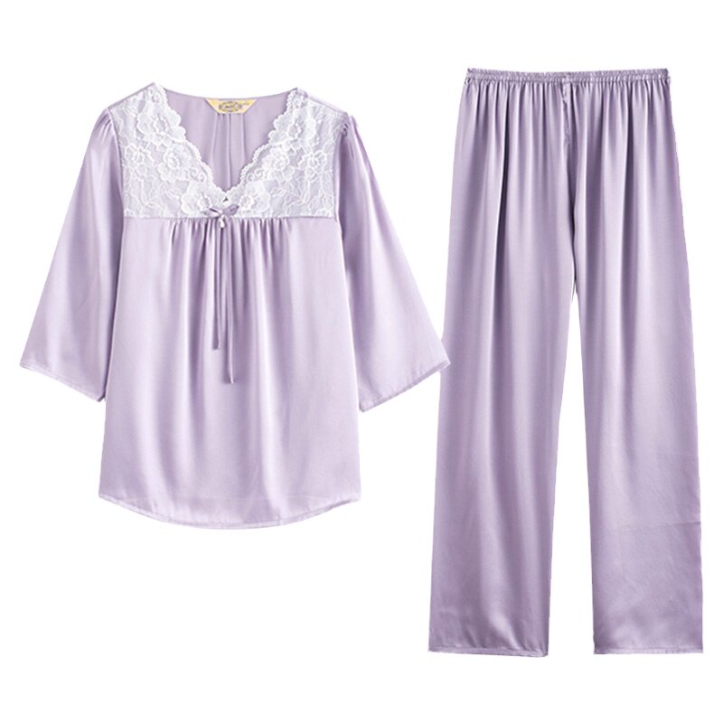 美标七分袖真丝睡衣两件套装女春夏季100%桑蚕丝绸家居服