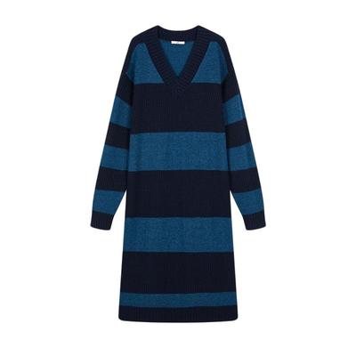 SLY 慵懒松弛居家宽松V领拼色条纹针织长款连衣裙女038HAM73-0251