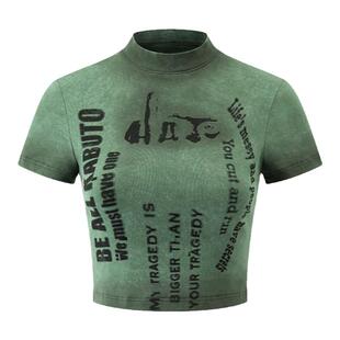 BAK原创设计现货晕染喷绘短袖T女字母印花机能风辣妹百搭打底上衣