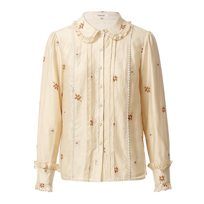 复古甜美花边娃娃领刺绣天丝衬衫