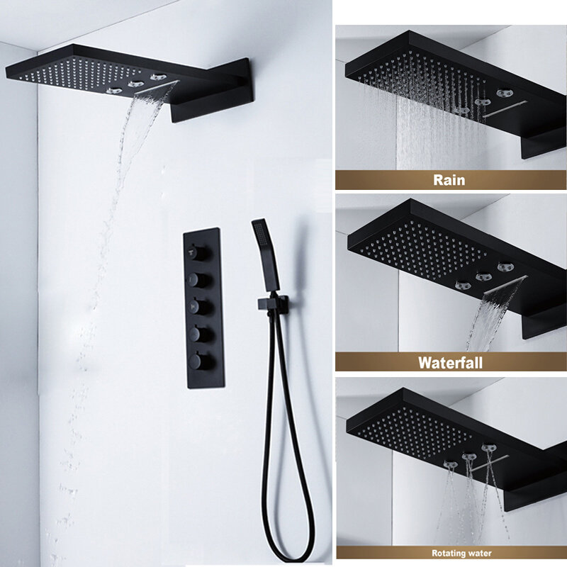 新款黑色暗装花洒嵌入式多功能雨淋瀑布淋浴喷头洗澡沐浴套装方形