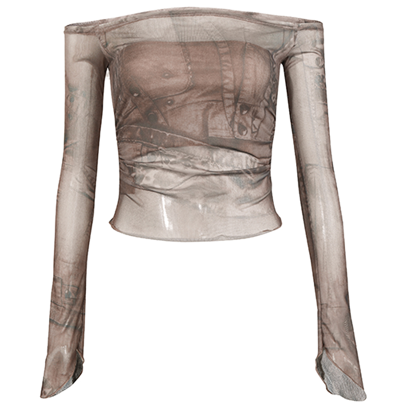 GUUKAHERO一字肩短款长袖T恤女张南同款设计感抹胸网纱上衣两件套