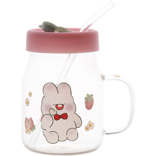 蓝莲花草莓儿童水杯女孩夏天家用设计感耐热高硼硅玻璃吸管杯带盖