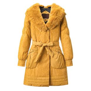 清仓特价獭兔毛领连帽中长款羽绒服女时尚修身腰带款鸭绒冬装外套