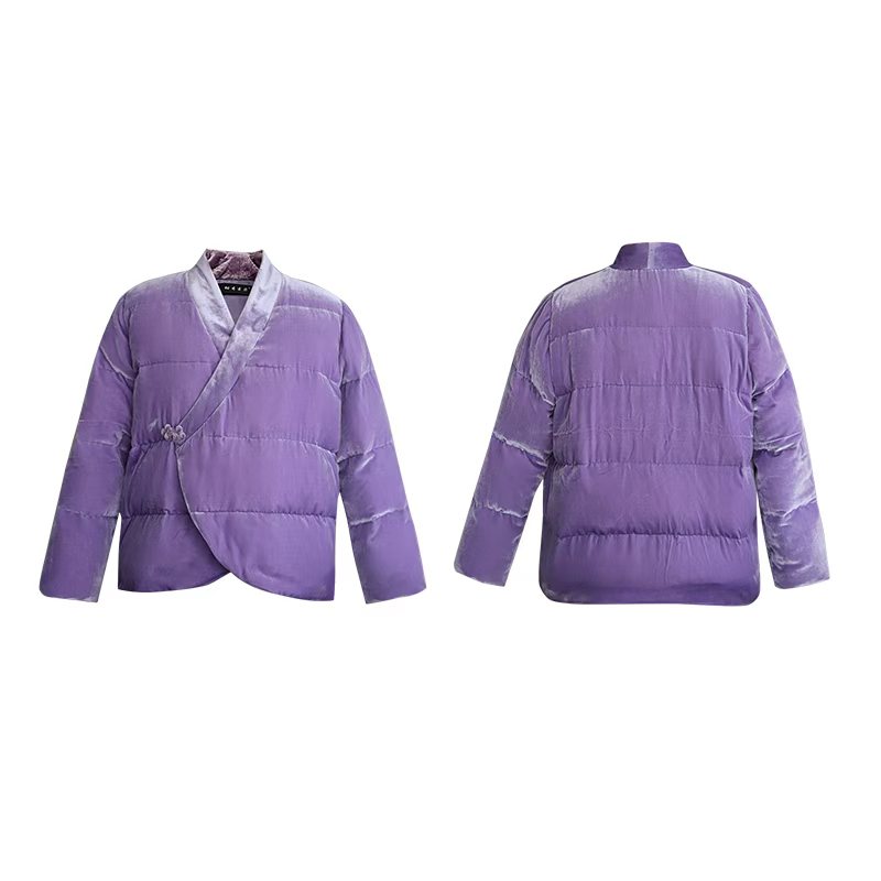 柑香素染真丝丝绒中式复古羽绒服