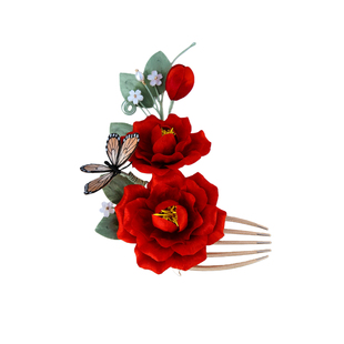 繁花入梦手工非遗绒花发梳红色牡丹蝴蝶结婚新娘发饰古风发簪发夹