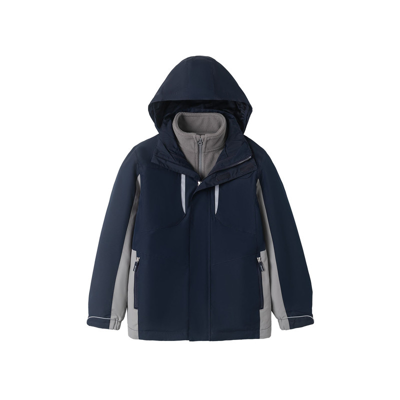 伊顿校服工厂中小学生秋冬款冲锋衣学院风藏青拼灰连帽防风服班服