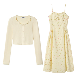 织物猪 异域公主 甜美度假风碎花吊带连衣裙女早春穿搭开衫两件套